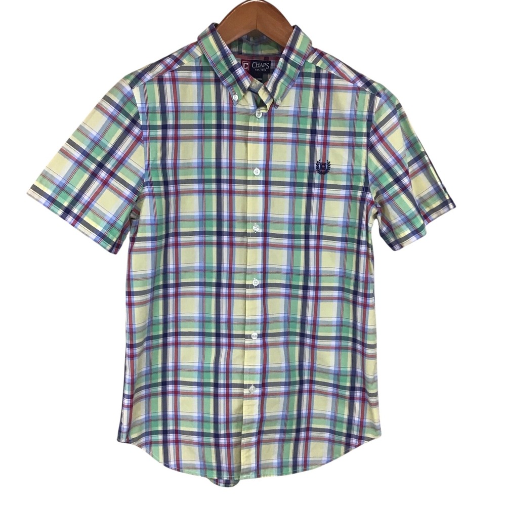 Chaps Kids Plaid Short Sleeve Button Down Shirt XL 18-20 Yellow‎ Green Blue Red